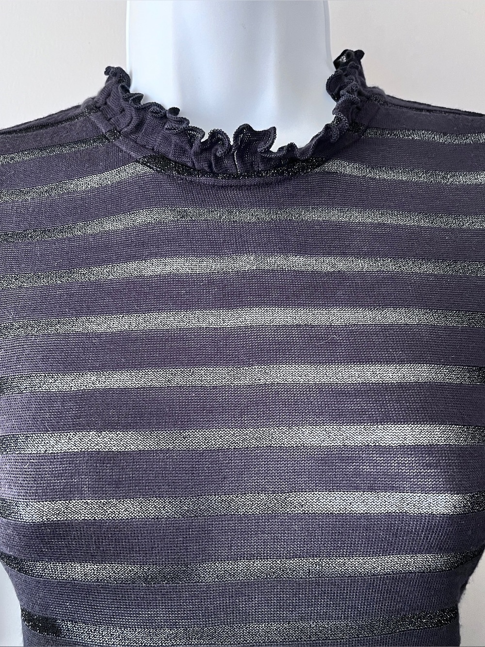 Pigalle Sheer Stripe Ruffle-Neck Long Sleeve Knit Women’s Top Size S - Picture 2 of 6